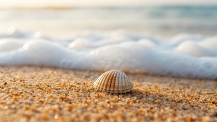 Focus on the fine details of sun-drenched beach sand, where the rhythmic motion of an incoming wave creates a line of white foam
