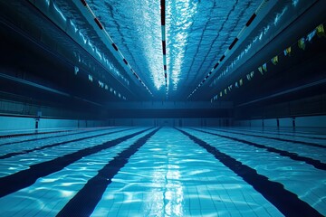 Indoor pool, dark, deep blue water, lanes