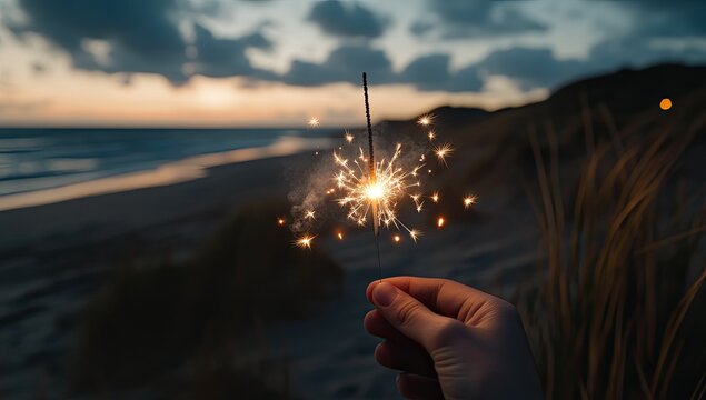 Hand holding sparkler at sunset beach