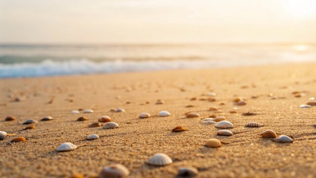 An intimate view of seashells on a sun-kissed beach during the golden hour. The soft focus on the background ocean and the shimmering reflections of light on the wet sand create a serene