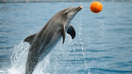 A playful bottlenose dolphin captured with its head and upper body out of the clear blue water, looking up intently at a bright orange ball suspended above © Platon