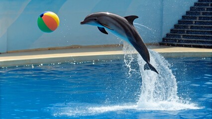 A magnificent bottlenose dolphin captured mid-air, leaping gracefully out of clear blue water to interact with a vibrant multi-colored beach ball