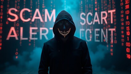 Cyber hacker in glowing mask with scam alert binary code background

