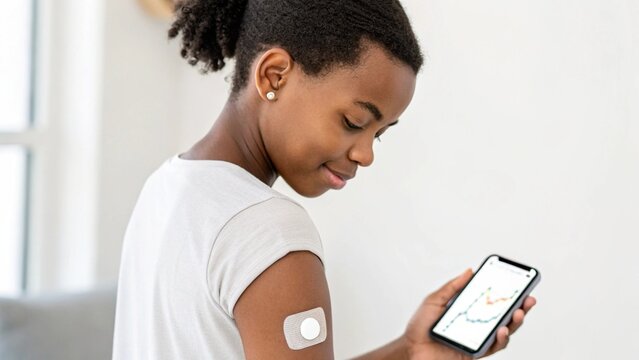 Side profile of a young individual monitoring their blood sugar levels using a smartphone connected to a continuous glucose monitor worn on their arm