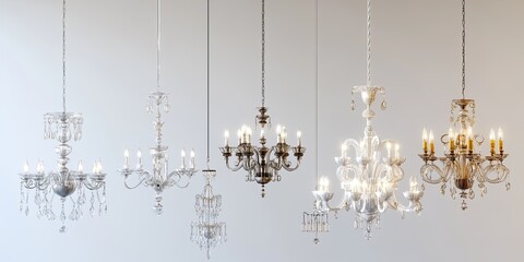 Five ornate chandeliers, varying styles, against a light background