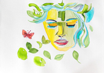 Abstract watercolor portrait of woman with green hair, butterfly and leaves. Hand-painted watercolor