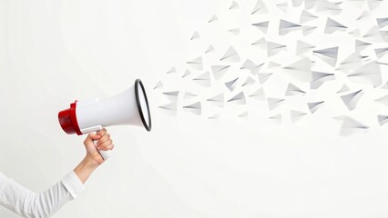 Creative concept showing a megaphone emitting a flurry of mail envelopes, representing effective direct mail campaigns, newsletter distribution, or digital outreach strategies