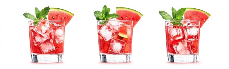Three glasses of refreshing watermelon cocktails garnished with mint