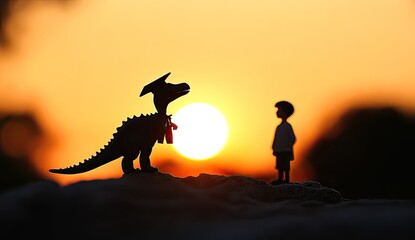 Silhouette of a dinosaur and child at sunset