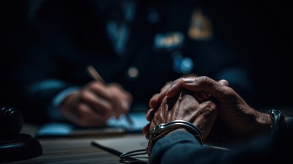 Hands in Handcuffs on a Table with a Gavel and a Person Writing in the Background