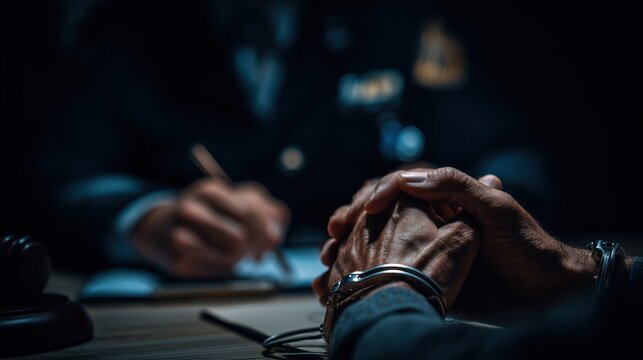 Hands in Handcuffs on a Table with a Gavel and a Person Writing in the Background