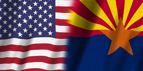 Waving USA flag stars and stripes and Arizona state flag background