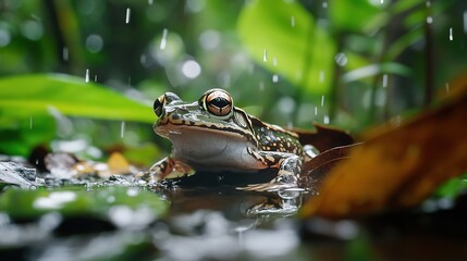Obraz premium A close-up of a frog sitting on wet ground with raindrops falling around it in a lush green environment.