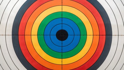 A vibrant, full-frame close-up of a circular target featuring concentric rings in rainbow colors, with a central black bullseye. This dynamic image visually represents concepts of diversity, inclusion