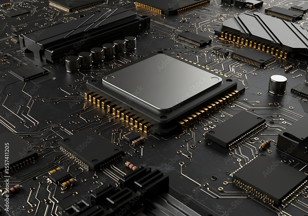 Poster close up of a computer circuit board with microchips