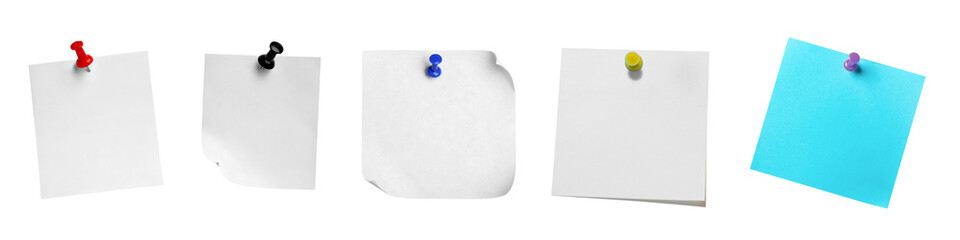 Transparent Background: Assortment of blank sticky notes and paper pinned with colorful thumb tacks, for memos and reminders.