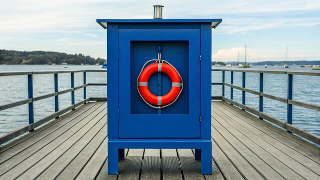 A striking blue utility cabinet, equipped with a bright orange lifebuoy, stands centrally on a wooden pier extending over a vast lake. The image highlights safety