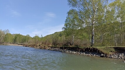 Discover a peaceful river flowing through a lush green forest, framed by a stunning rocky cliff. Ideal for tourism and inspiration, this scene captures the beauty of nature.
