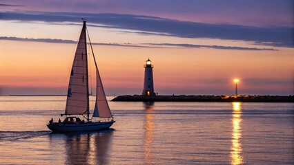 This evocative image captures a beautiful sailboat navigating calm waters as evening sets in, with a glowing lighthouse standing as a sentinel on the horizon, symbolizing safe passage
