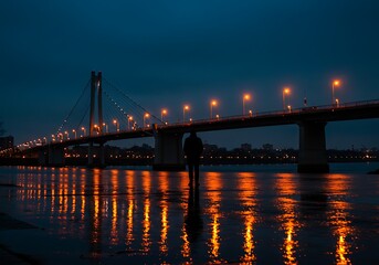 Bridge lights reflect on water at night with silhouetted figure
