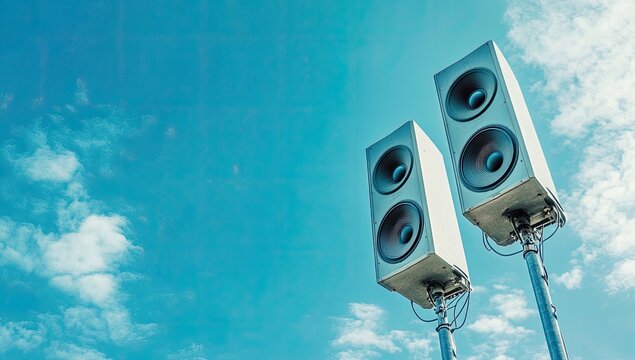 Two large speakers mounted on poles against a vibrant blue sky with puffy white clouds