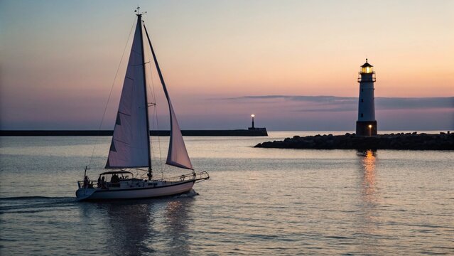 A picturesque scene at dusk featuring a sailboat gracefully entering or leaving a harbor, with a prominent lighthouse beacon shining brightly on the breakwater, under a soft, colorful sunset sky