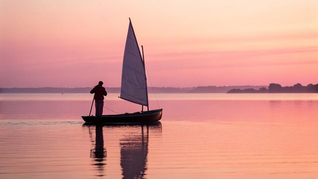 The ethereal colors of a twilight sky paint the horizon as a solitary figure navigates a small boat with a single sail across a placid lake, creating a tranquil