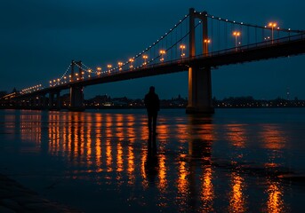 Fototapeta premium Bridge lights reflect on water at night with silhouetted figure