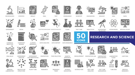 Research and science solid icon set collection. This set includes microscopic, result, scientific, analyze, dna, nanotechnology, data research and more icons. Vector icons collection for infographics