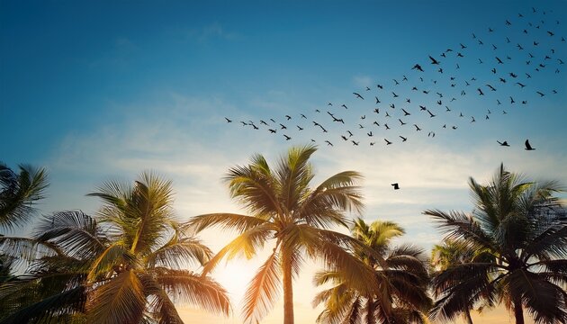 palm trees with birds flying