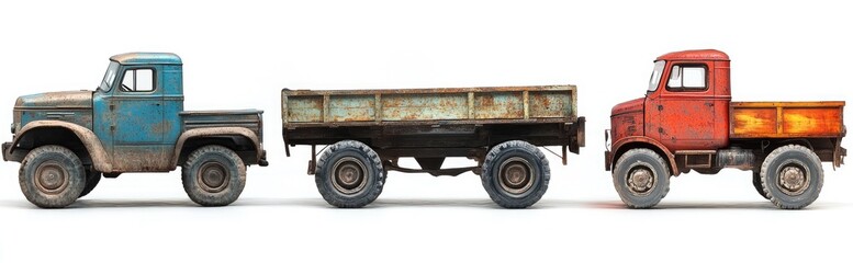 Three weathered trucks, side view