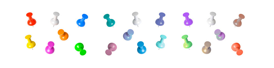 Transparent Background: Scattered collection of colorful thumb tacks or pushpins, ideal for cork...