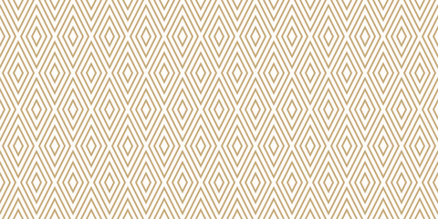 Golden abstract vector geometric seamless pattern. Gold and white background. Simple geo texture with rhombuses, diamonds, lines, stripes. Minimal tartan ornament. Repeated design for decor, textile