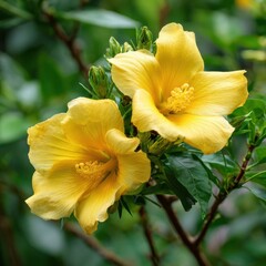 Fototapeta premium The Althea flower is an iconic yellow plant with large, star-shaped flowers that give it its common name 'allamanda' in the garden. The petals of the Althea flower are beautiful.