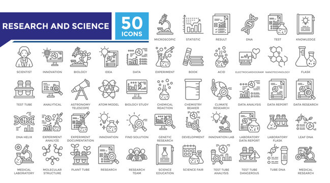 Research and science lineal icon set collection. This set includes microscopic, result, scientific, analyze, dna, nanotechnology, data research and more icons. Vector icons collection for infographics