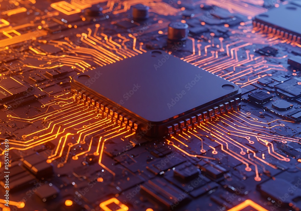 Poster close up of a computer circuit board with glowing orange pathways