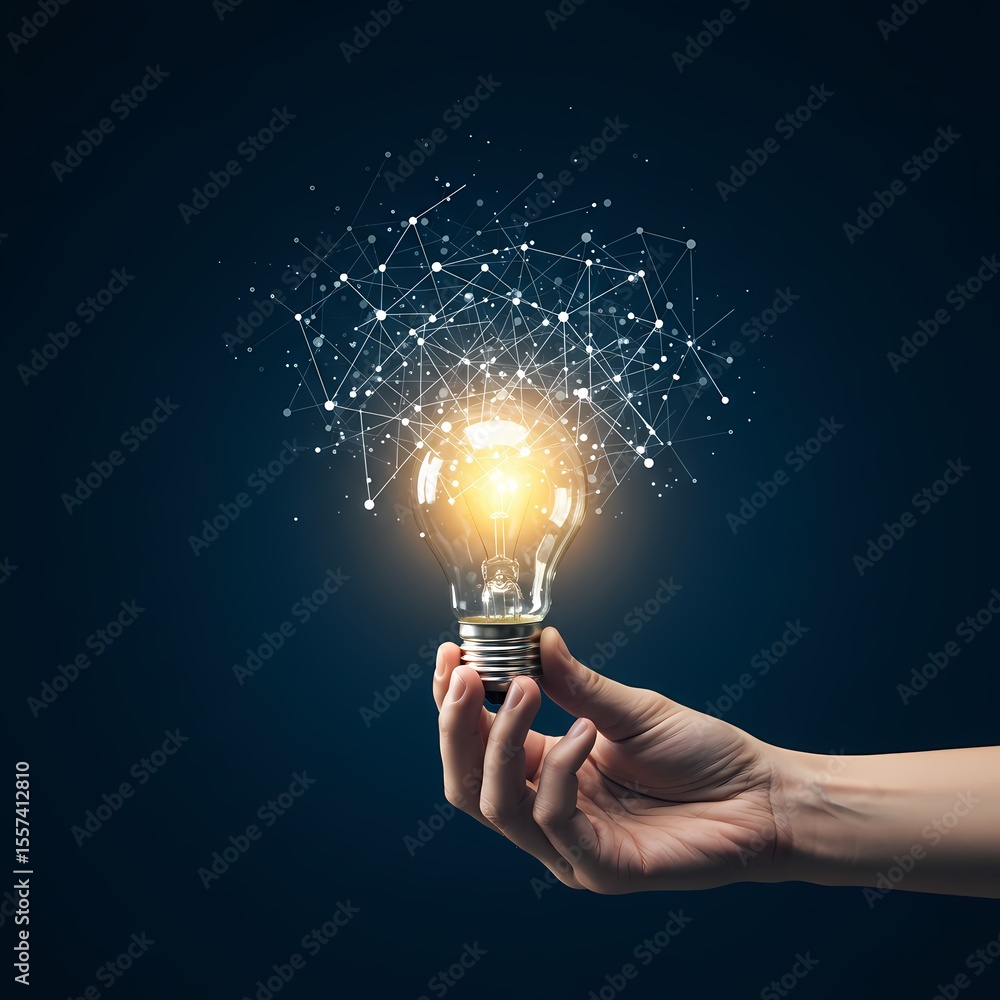 Poster a hand holding a glowing lightbulb with a network of connected dots above it on a dark background