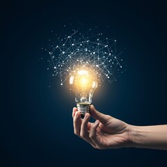 A hand holding a glowing lightbulb with a network of connected dots above it on a dark background