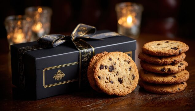 A chocolate chip cookie sits atop an elegant black gift box, adorned with a satin ribbon and decorated for the holiday season. The cookies have golden-brown edges, and each.