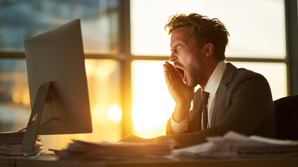 A male professional yawning in front of his computer, sitting at his office desk, looking tired and exhausted, with sunlight streaming in from the window