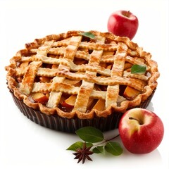 Delicious homemade apple pie with lattice crust, decorated with cinnamon sticks, apples and green leaves on white background