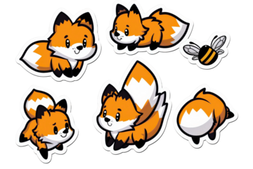 Cute cartoon fox characters with playful poses and honeybee illustration, perfect for stickers, children's designs, and whimsical art projects.