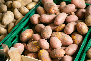 A pile of potatoes of German origin at the Turkish market in Kreuzberg, Berlin.