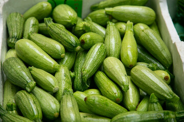 Image of green organic zucchini at the Kreuzberg market in Berlin, Germany.
