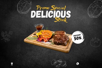 Food promo banner on chalkboard. Hand writing food menu on black background. New menu design template	