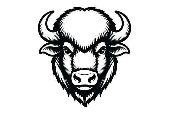 Black and white bison head illustration with horns and fur details on white background