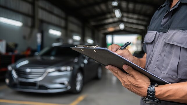 Automotive Technician Inspecting Vehicle in Garage - Clipboard in Hand for Detailed Vehicle Assessment - Powered by Adobe