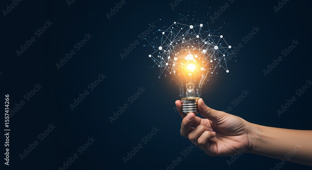 Poster hand holding a lightbulb with a network of connected dots shining brightly on a dark background