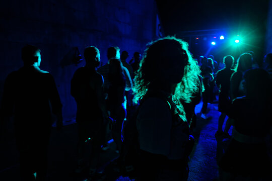 Silhouetted figures of people dancing in dark nightclub. Unrecognizable person in foreground highlighted by glow, her curly hair catching the light. Underground party or live electronic music event