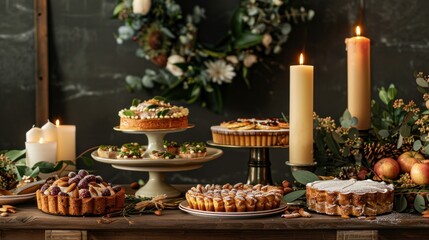 Festive dessert table with almond tarts, cakes, and candles